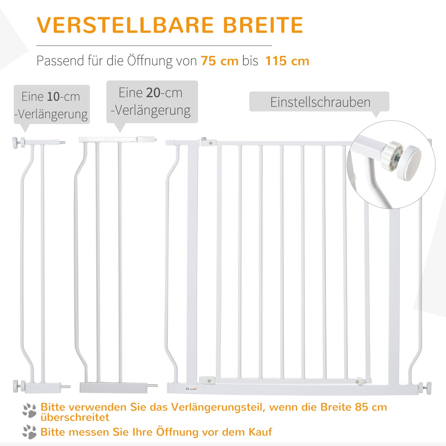 PawHut Hunde-Absperrgitter, Klemmmontage, verstellbare Länge, Stahl/ABS, 75-115 x 76 سم, فايس