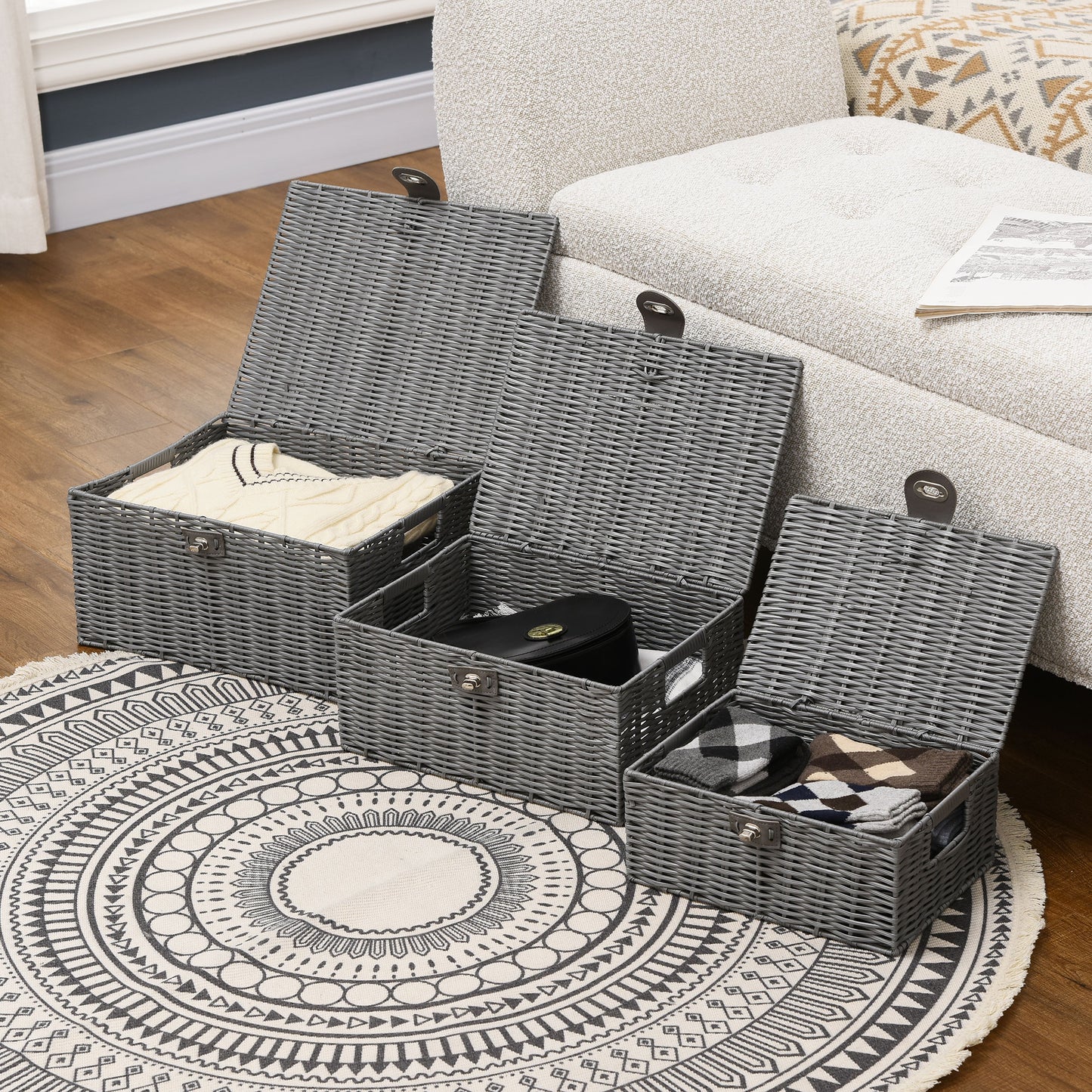 HOMCOM 3er-Set Aufbewahrungskörbe aus PE- Rattan, mit Verschluss, Tragegriffen, 35,5 cm x 28,5 cm x 18 cm, Grau
