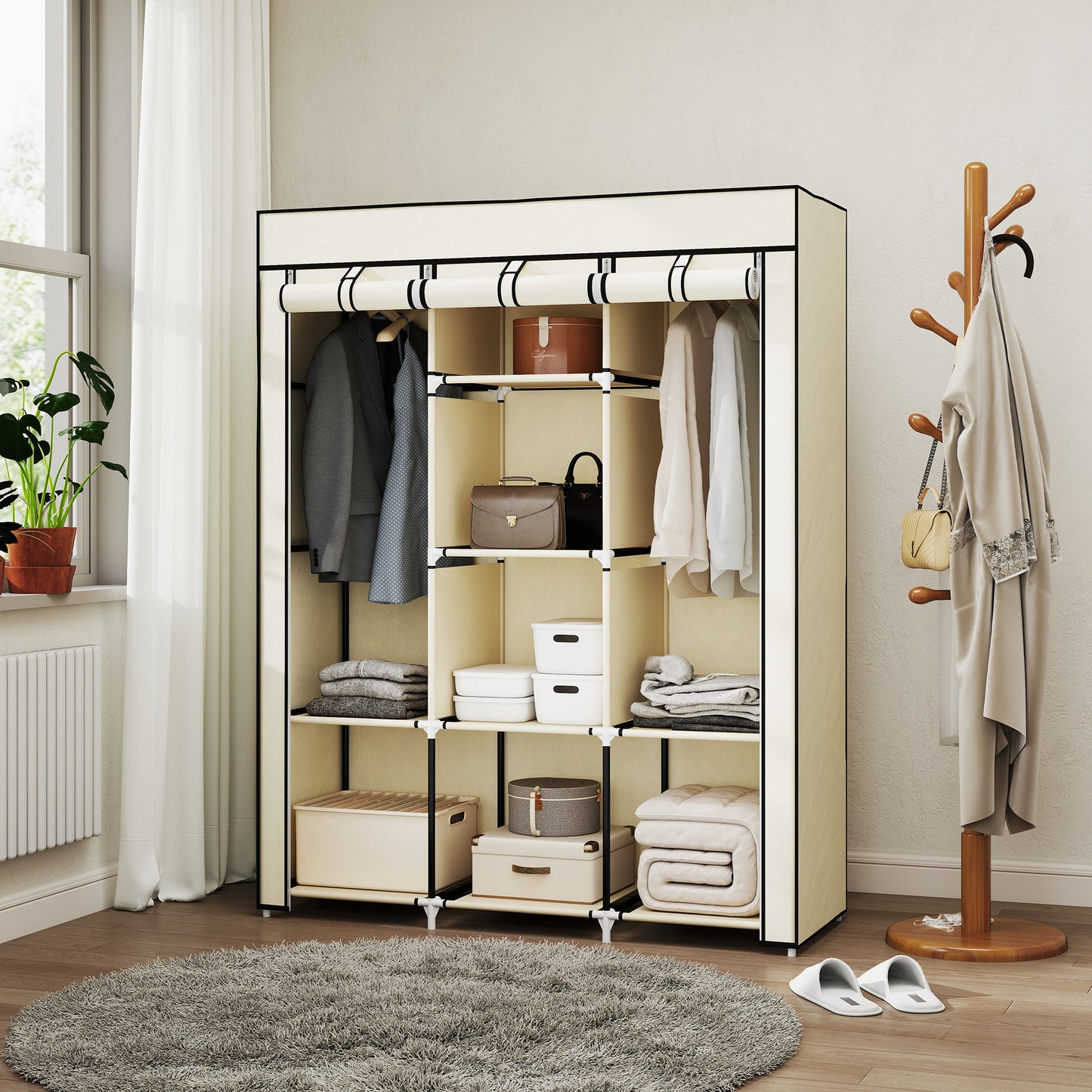 HOMCOM Schrank aus Stoff, Aufbewahrungslösung, 8 Regale, 2 Kleiderstangen, Cremeweiß