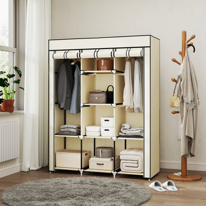 HOMCOM Schrank aus Stoff, Aufbewahrungslösung, 8 Regale, 2 Kleiderstangen, Cremeweiß