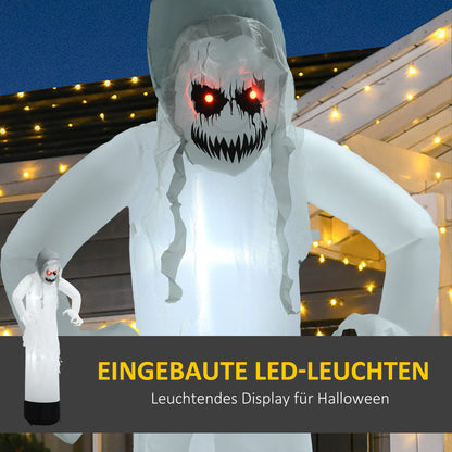 Outsunny Halloweendeko, Geisterhexe mit roten Augen, aufblasbar, LEDs, Outdoor-tauglich, 180 cm, Weiß