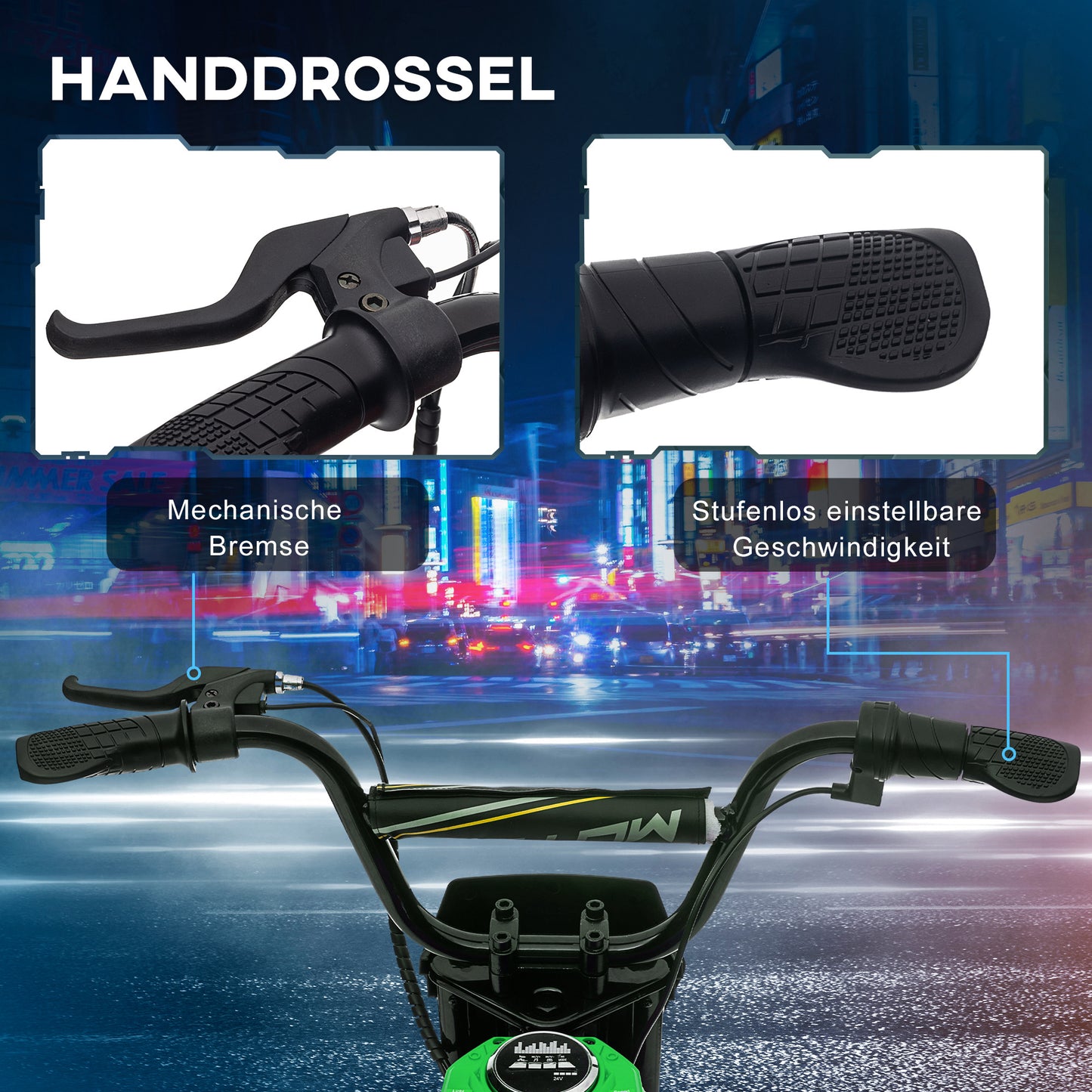 HOMCOM Elektro-Kindermotorrad, 24V Motor, einstellbare Geschwindigkeit, Musik & Lichter, Grün