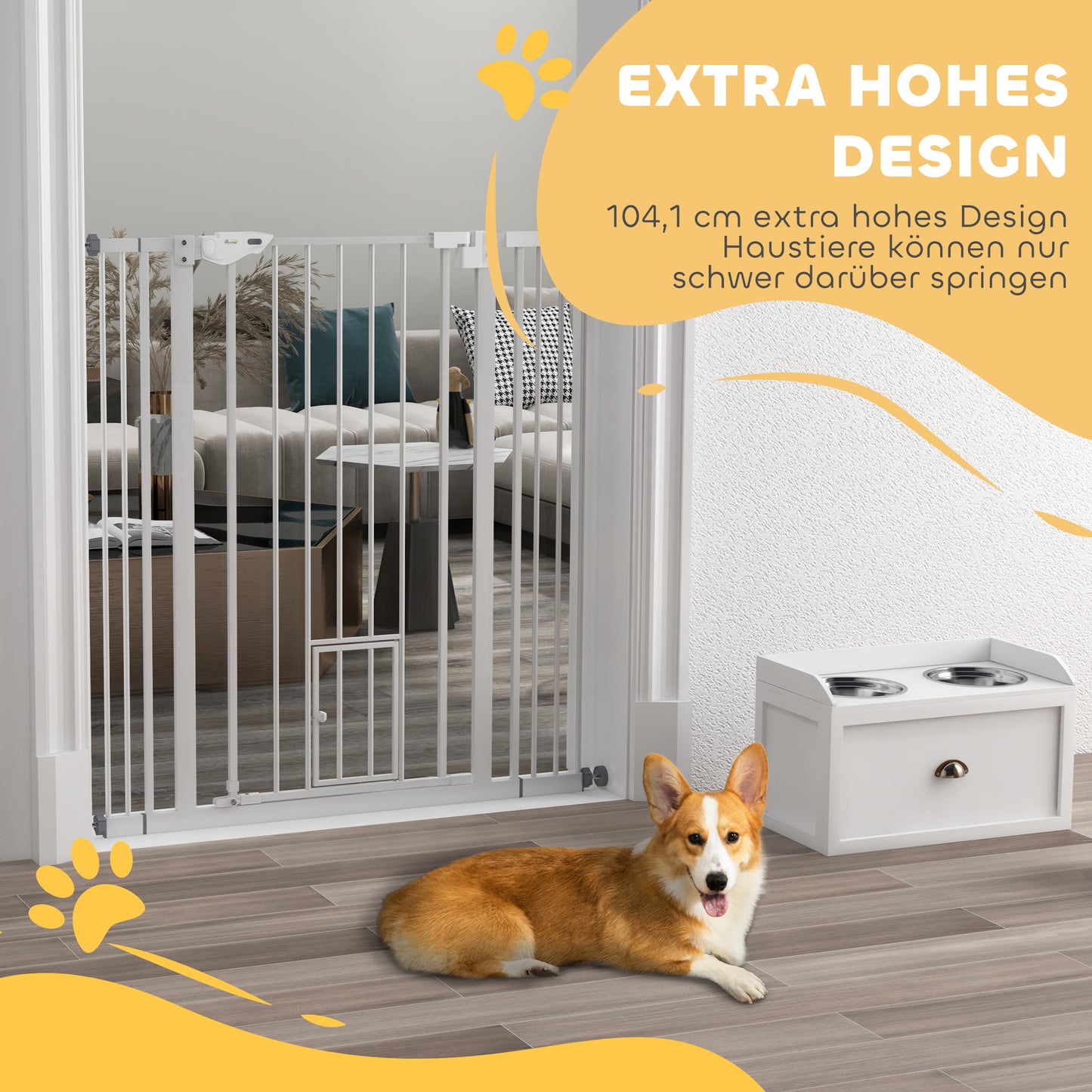 PawHut Hunde-Absperrgitter, doppelte Verriegelung, selbstschließende Tür, 104 cm hoch, Stahl, Weiß