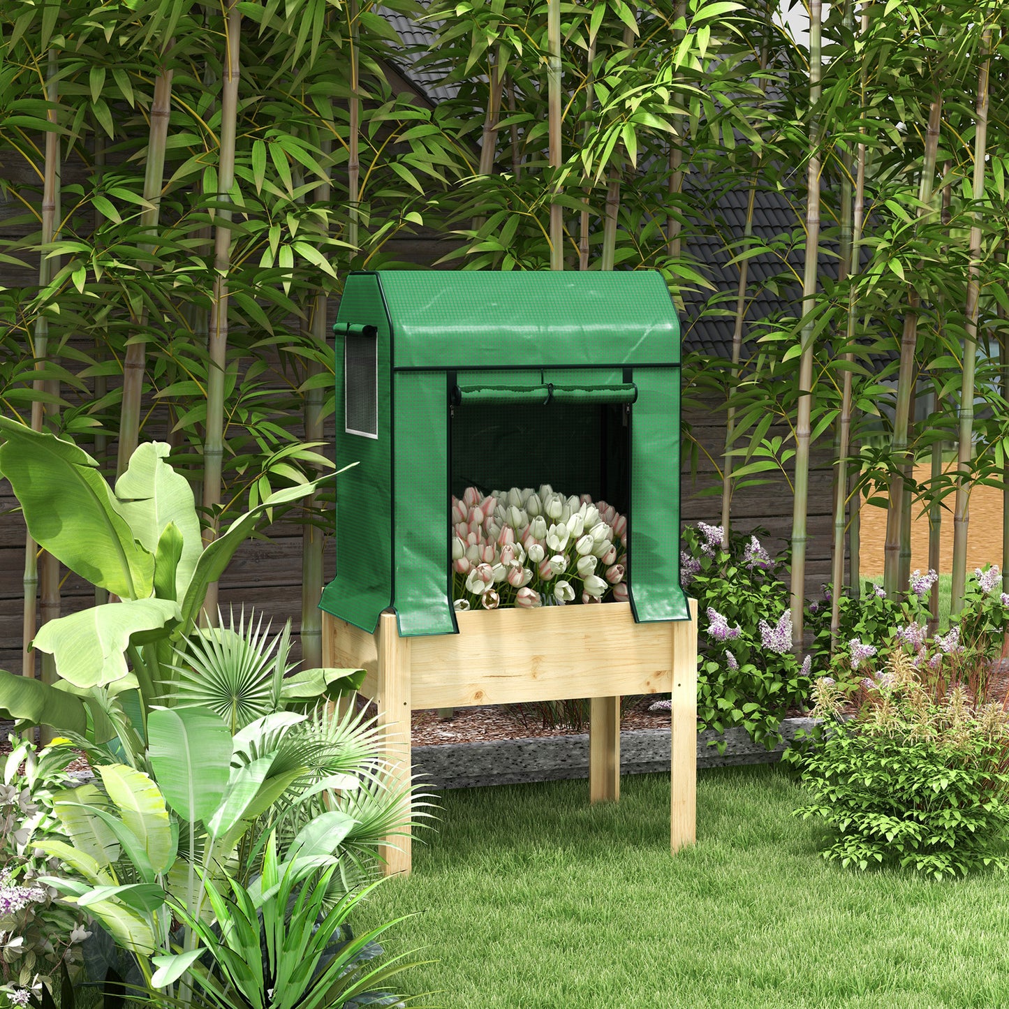 Outsunny 2-in-1 Hochbeet Pflanzenkasten Frühbeet Gewächshaus, 86 cm x 60cm x 165 cm, Natur + Grün