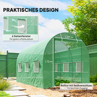 Outsunny Gewächshaus 350x200x200cm Foliengewächshaus Tomatenhaus mit Tür, 6 Fenster, Folientunnel aus verzinktem Stahl, PE, stabiles Treibhaus Pflanztunnel, inkl. Erdanker & Seilen, Grün