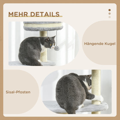 PawHut Kratzbaum für Katzen, Sisal-Seilpfosten, weicher Plüsch, mehrstufig, Ballspielzeug, Grau, 59x35x100 cm