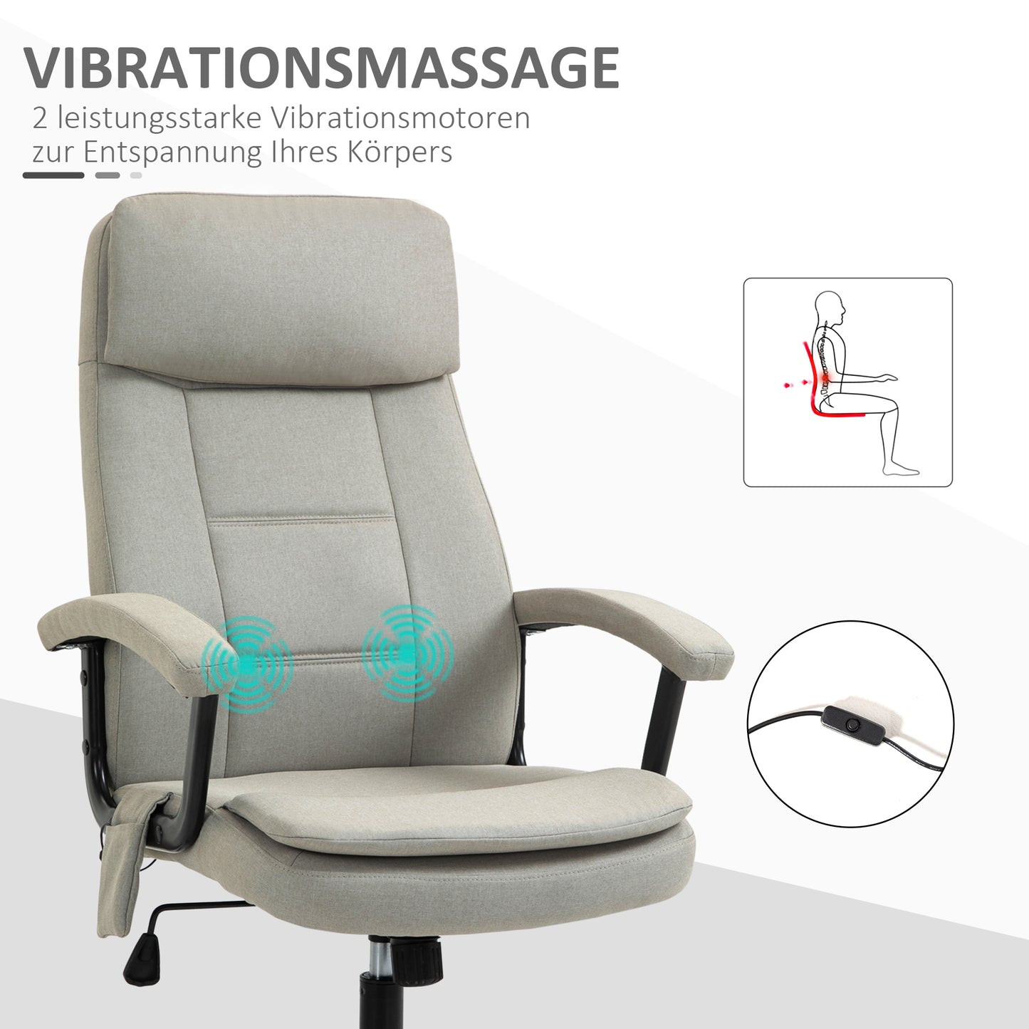 Vinsetto Bürostuhl Massage höhenverstellbarer Chefsessel Gamingstuhl mit Massagefunktion, ergonomischer Drehstuhl Massage Sessel Lendenwirbelsäulenmassage Leinen-Gefühl Beige 63 x 70 x 112-121 cm