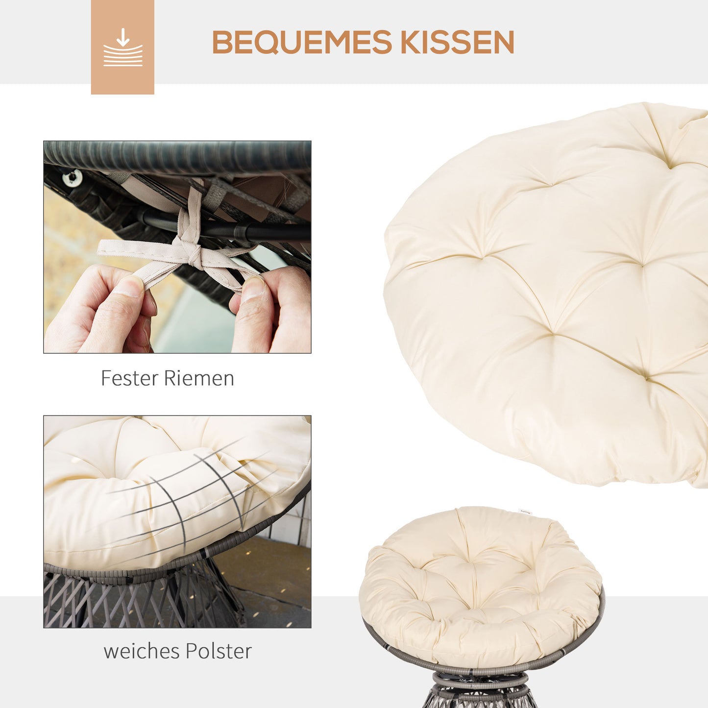Outsunny Papasansessel, Korbsessel, Sitzkissen, Kunstrattan, drehbar, Metallrahmen, 87 x 97 x 90 cm, Beige
