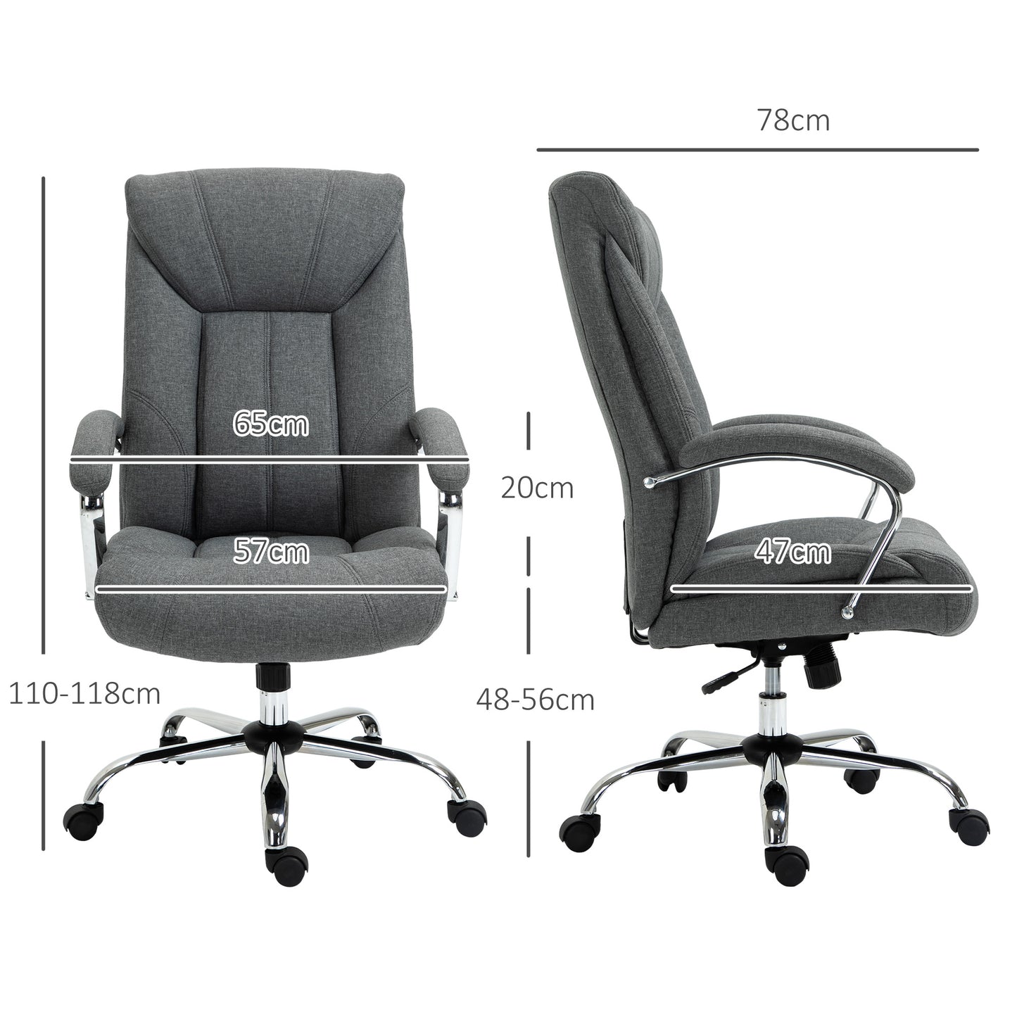 Vinsetto Bürostuhl mit Wippfunktion ergonomischer Stuhl mit gepolsterte Armlehne Kopfstütze höhenverstellbarer Schreibtischstuhl Drehstuhl mit Rückenlehne Nylon Grau 65 x 78 x 110-118 cm