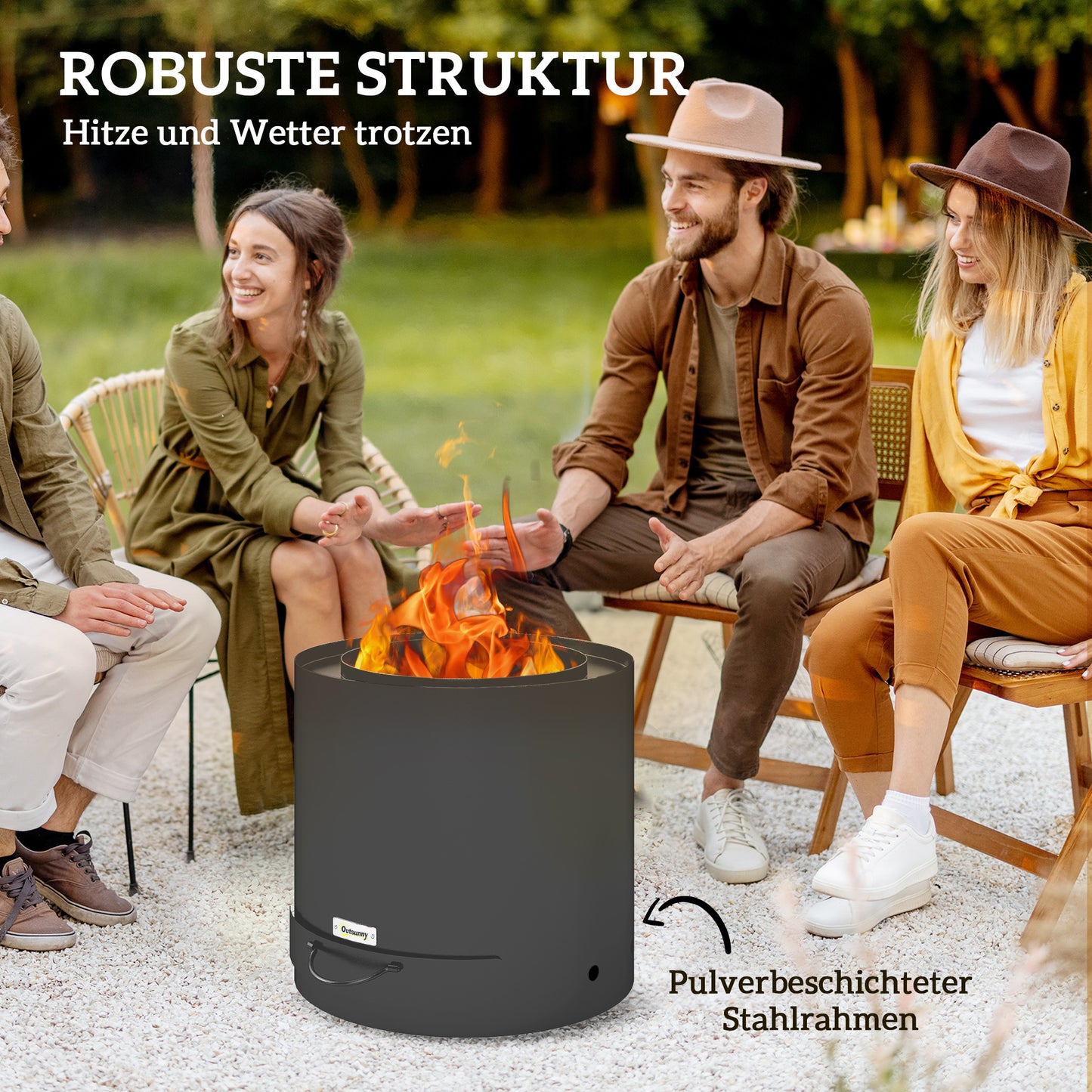 Outsunny Feuerschale Ø45x42cm aus Edelstahl Feuerstelle mit Schürhaken Aschenwanne Schwarz