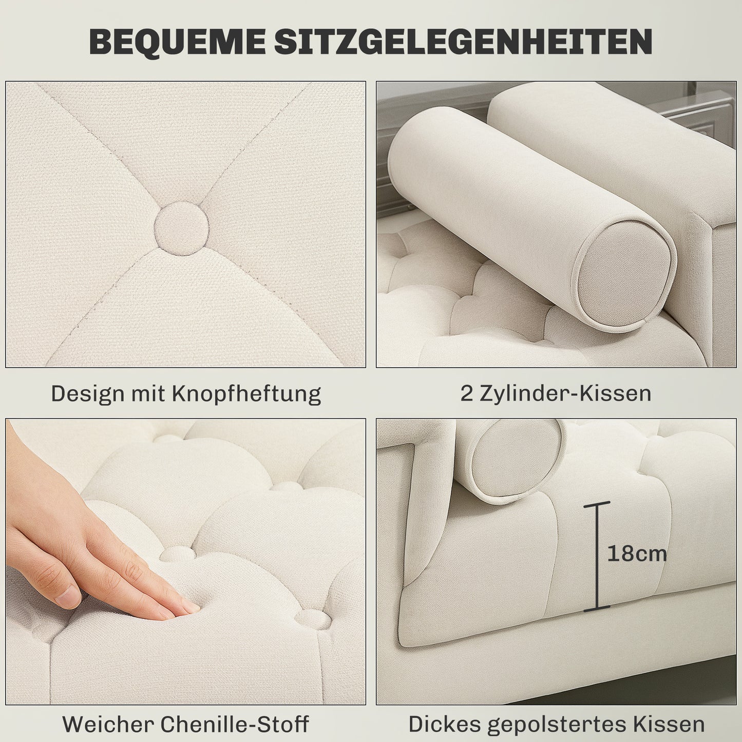 HOMCOM Polsterbank, Vintage-Design, 2 Kissen, Chenillebezug, 115 x 44 x 58 cm, Beige