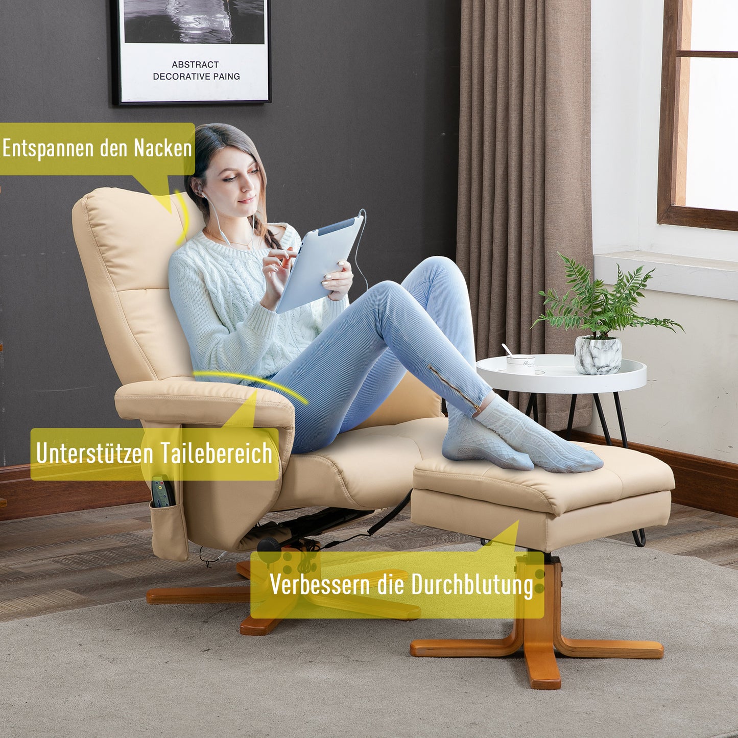 HOMCOM Relaxsessel Massagesessel mit Fußhocker Stauraum Liegefunktion Fernsehsessel mit Massagefunktion TV Sessel 145°-Neigung Polyester Cremeweiß 80 x 86 x 99 cm