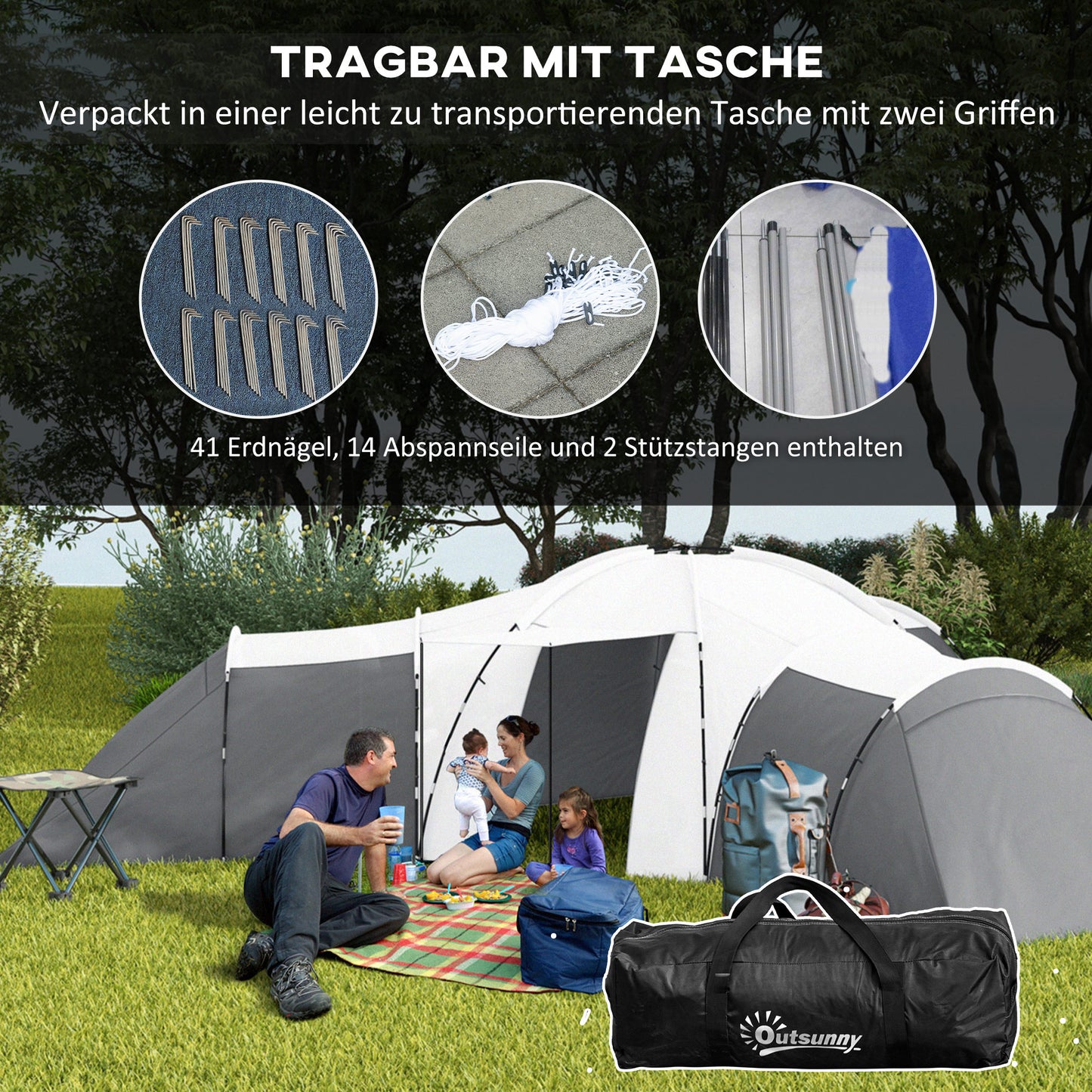 Outsunny Campingzelt für 6-9 Personen, 4 Räume, Vorzelt, wasserdicht, 615x 615x225cm, Grau