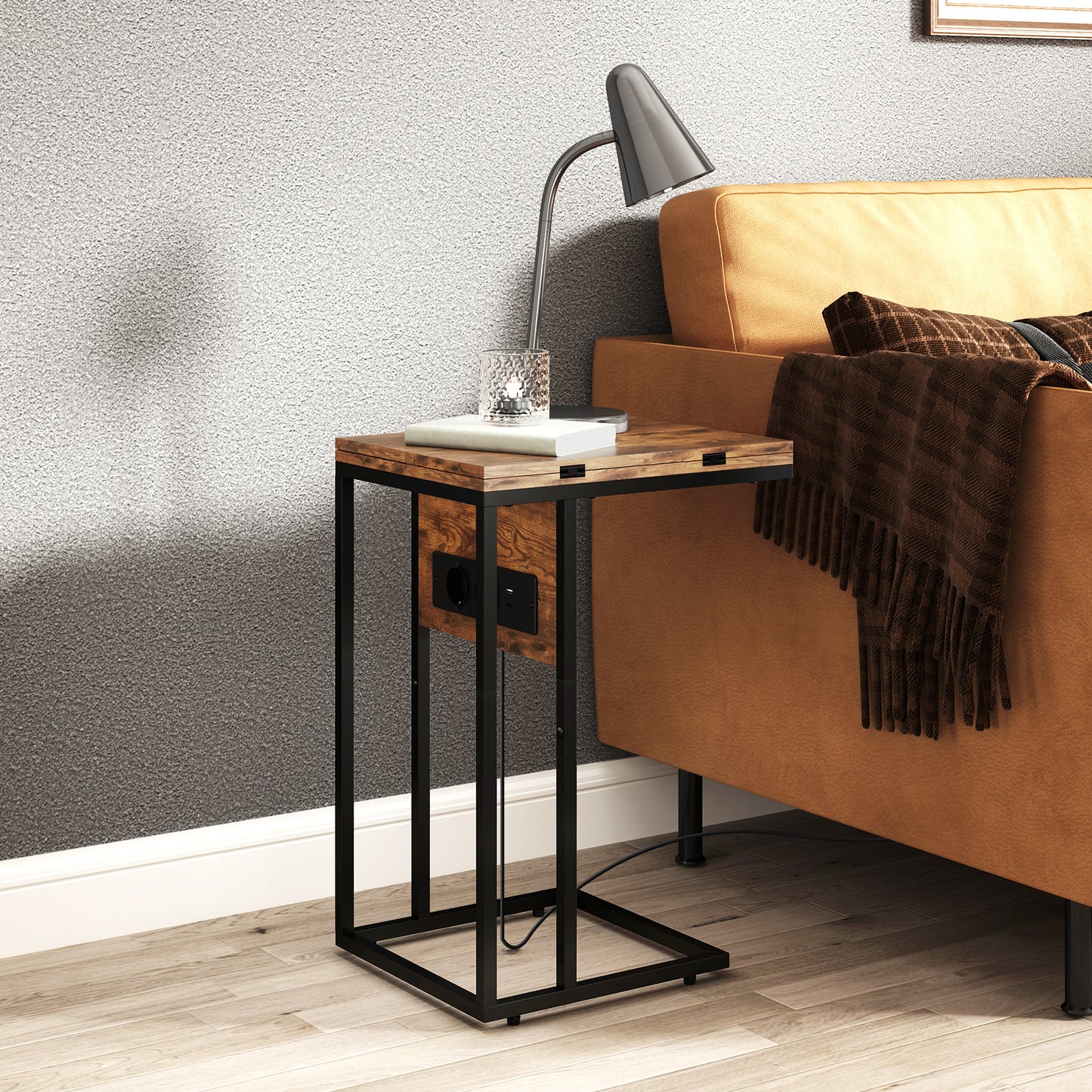 HOMCOM Klappbarer Beistelltisch, Ladestation mit USB-Ports, Metall, 39 x 29 x 57 cm, Braun