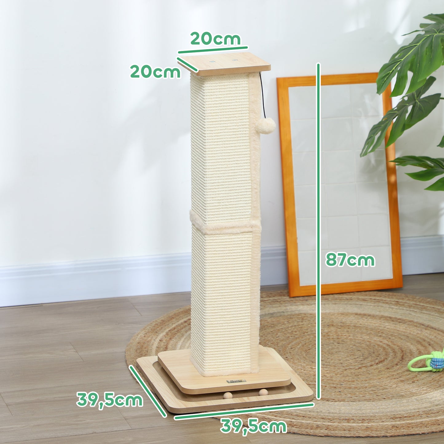 PawHut 3-in-1-Kratzbaum mit Spielschiene, Spielball, Sisal, bis 10 kg, 39,5 x 39,5 x 87 cm, Eiche/Creme