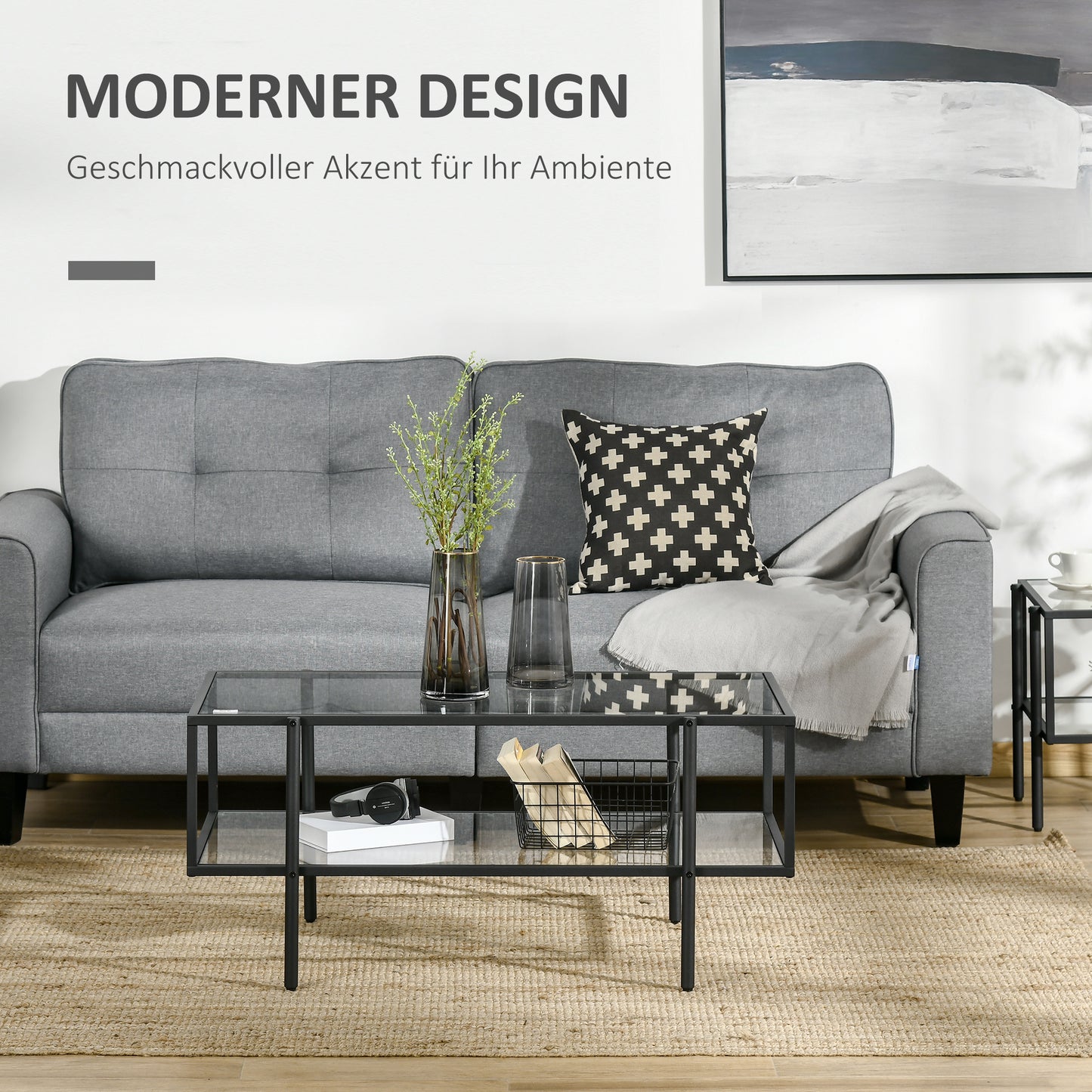 HOMCOM Couchtisch mit Ablage, verstellbare Füße, Stahlrahmen, Glasplatte, 100 x 55 x 45,5 cm, Weiß