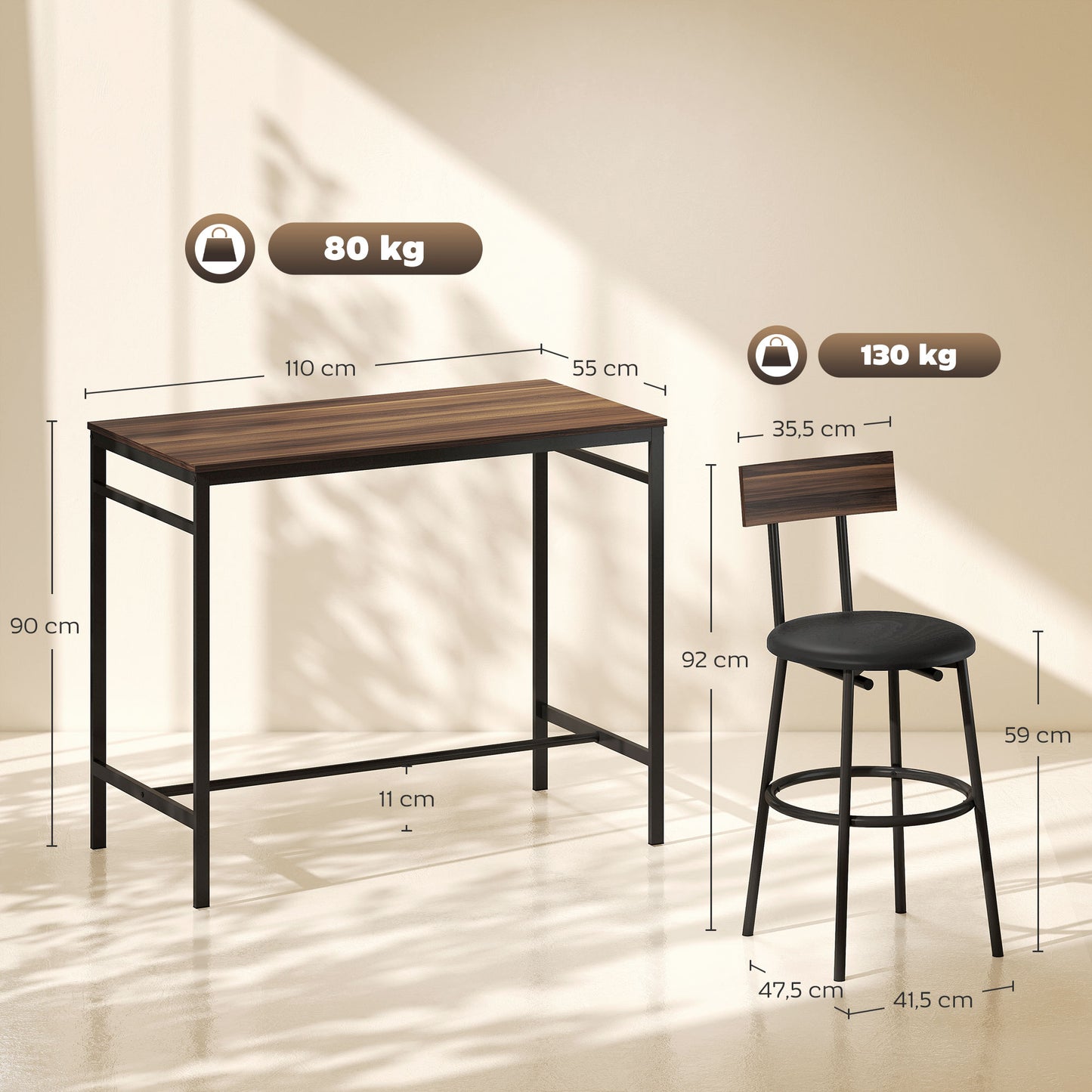 HOMCOM 5-teiliges Bartisch-Set mit 4 Stühlen, Industrielles Design, für Küche, Esszimmer, Holz, Stahl, Braun