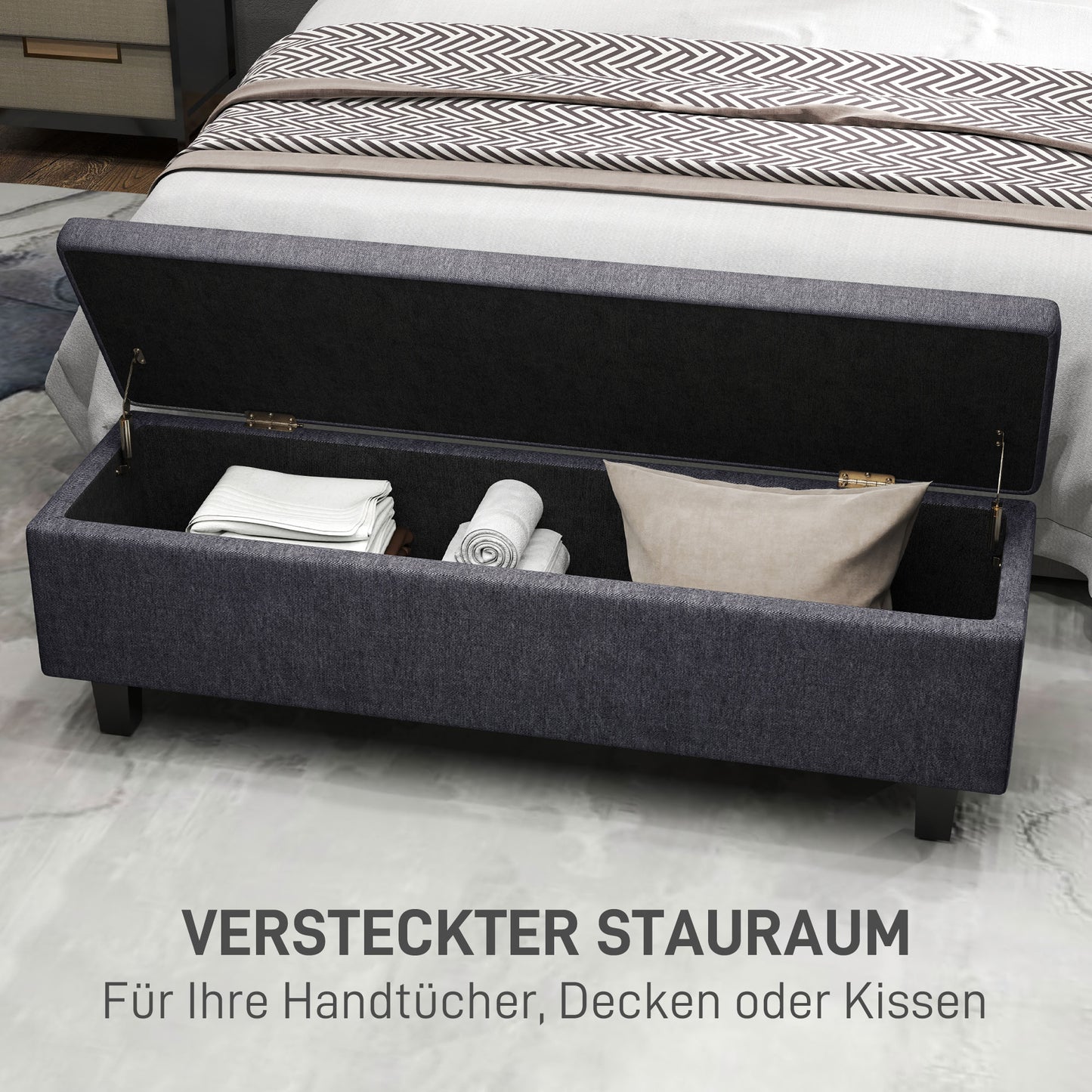HOMCOM Stauraum-Polsterbank in Leinenoptik, mit Kautschukholzbeinen, für Wohnzimmer, Schlafzimmer, Flur, Dunkelgrau