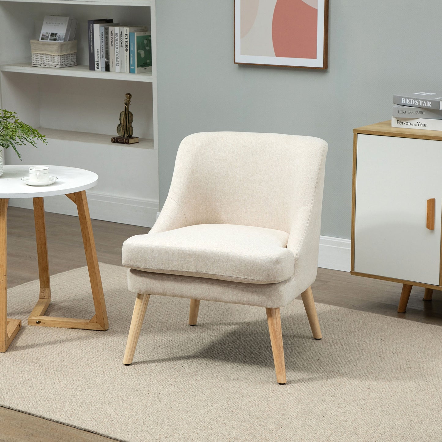 HOMCOM Sessel Loungesessel mit Leinenoptik, Armlehne, Gepolstert Relaxsessel mit Holzbeine, für Wohnzimmer, Schlafzimmer, Cremeweiß