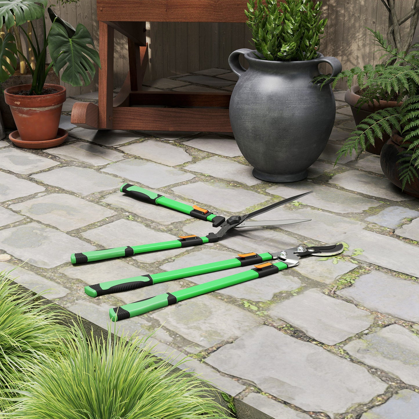 Outsunny Heckenschere Set 2-teilig Gartenschere Messerlänge 90 cm Astschere mit Metallklingen, ausziehbarer Griff