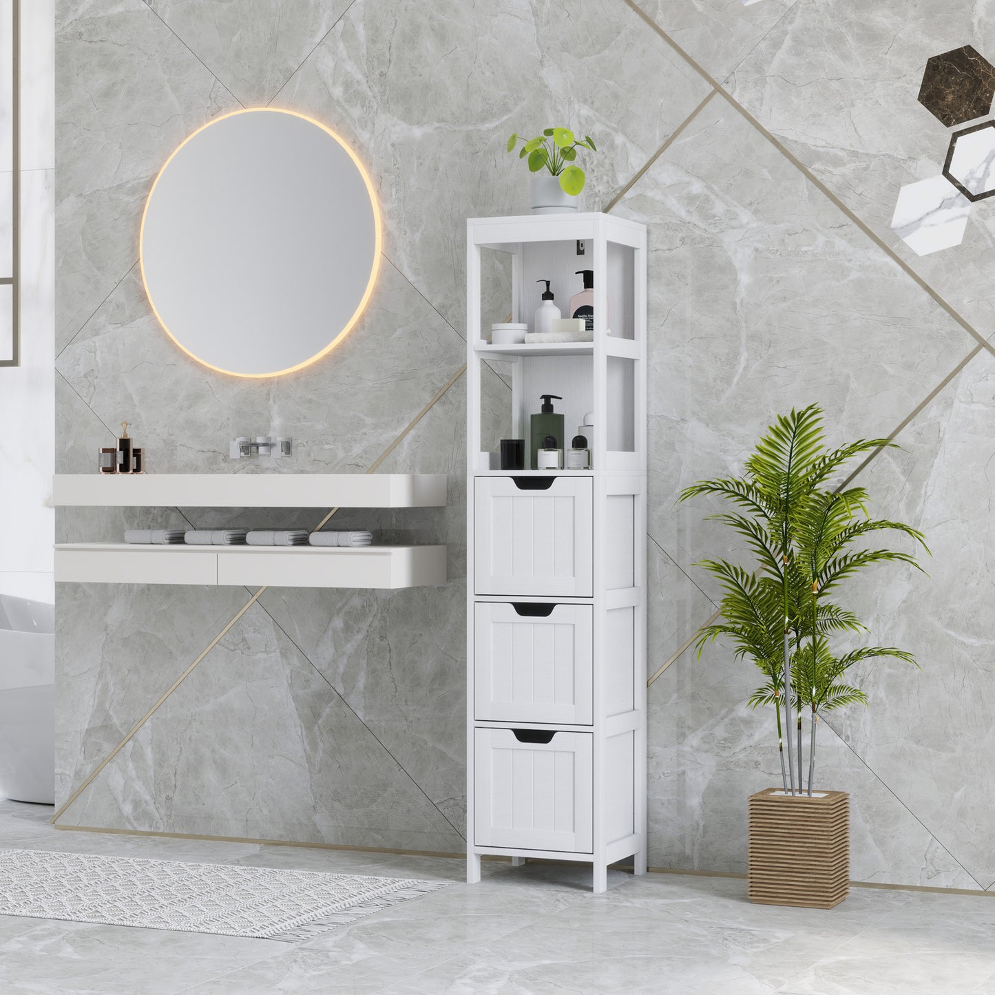 HOMCOM Badezimmerschrank, 2 Regale, 3 Schubladen, wasserabweisendes Material, Weiß