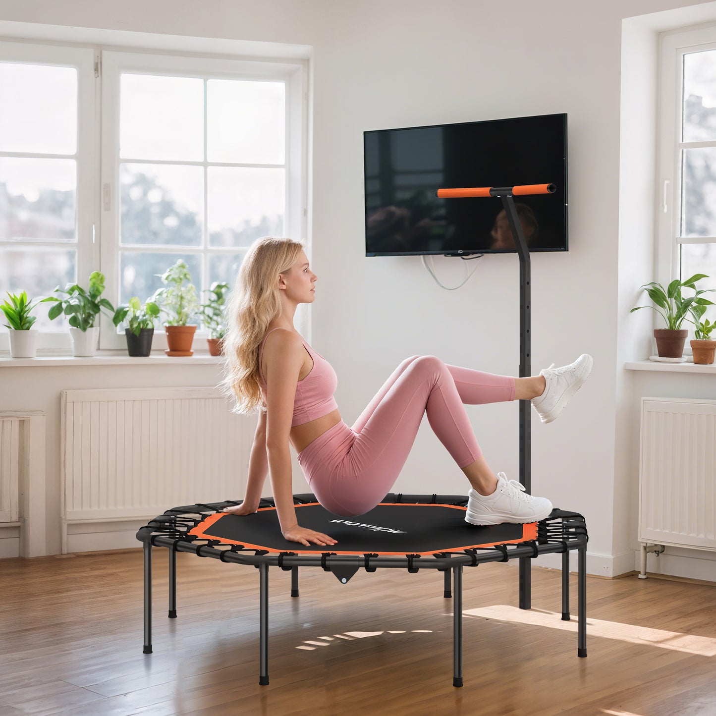 SPORTNOW Fitness-Trampolin, Trainingstrampolin mit verstellbarem Haltegriff, stabil und leise, für drinnen, Stahl, Orange