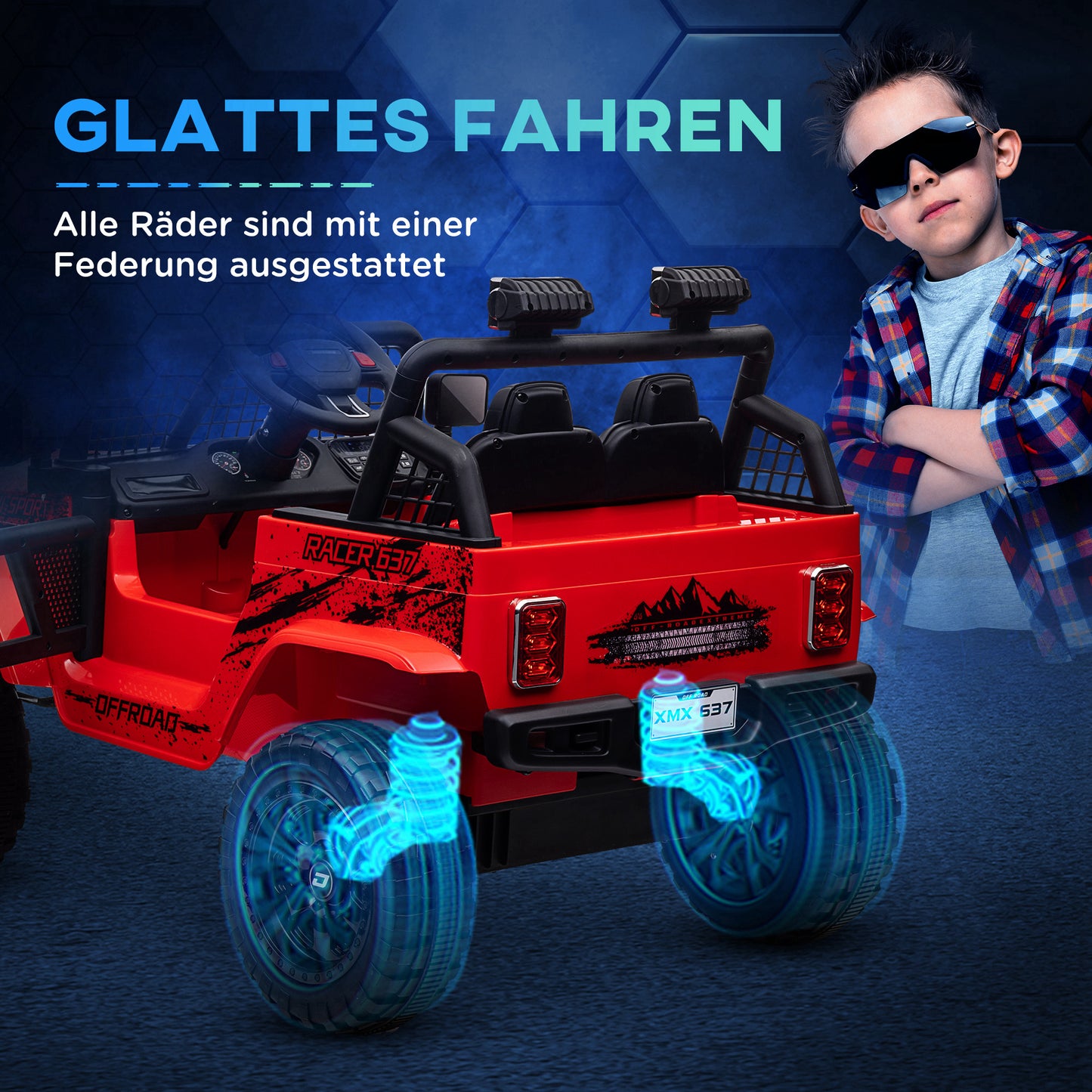 AIYAPLAY Kinder-Elektroauto mit sanfter Federung, fernsteuerbar, LED-Lichter, Hupe, 12V-Motoren, aus Kunststoff und Metall, Rot