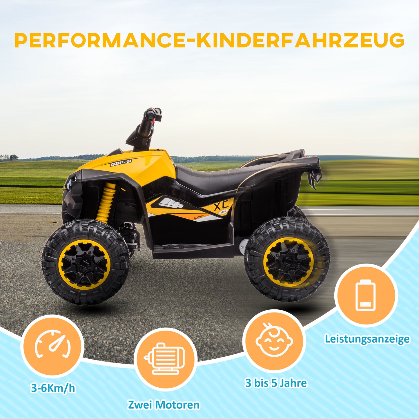 HOMCOM Elektro-Kinderquad, LED-Scheinwerfer, MP3-Player, Stoßdämpfer, ergonomischer Sitz, Gelb+Schwarz