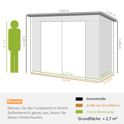 Outsunny Stahlgartenschuppen, Geräteschuppen, Doppeltüren, 249B x 121T x 166/183Hcm, Grau