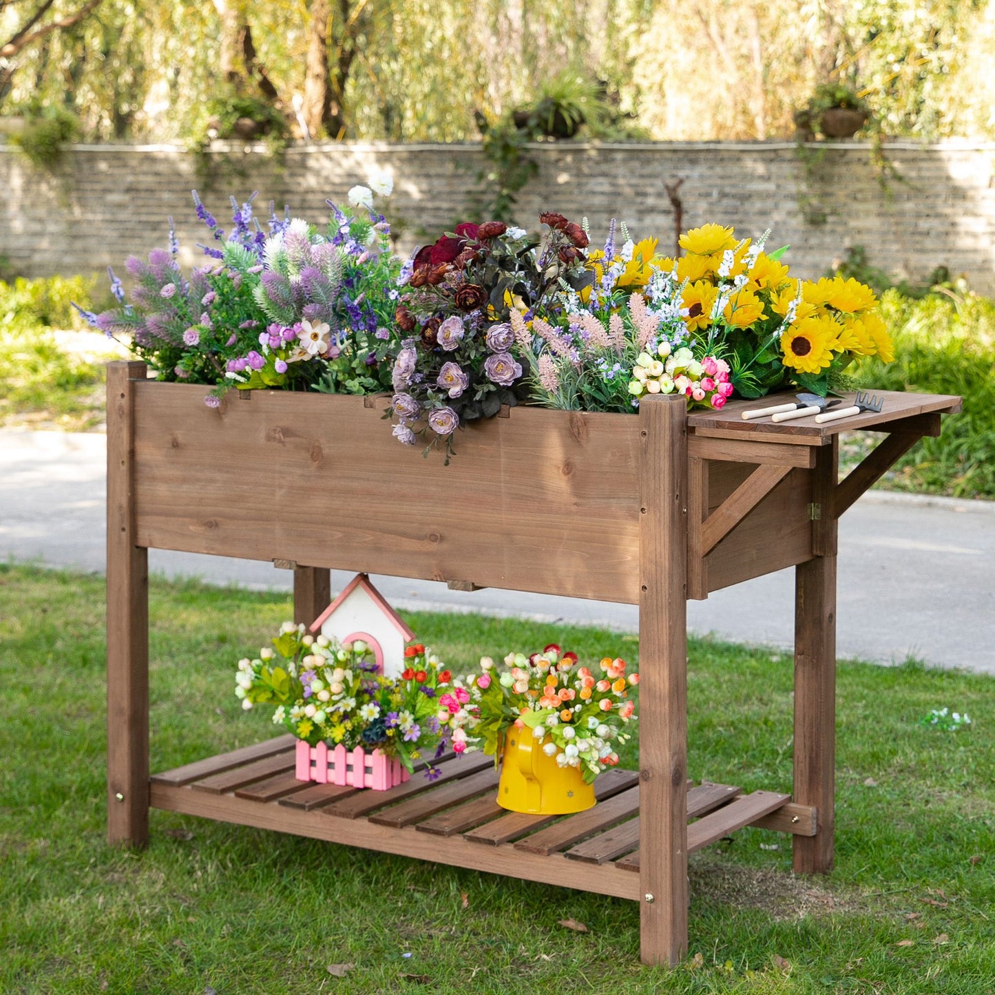 Outsunny Hochbeet Pflanzkasten mit 8 geteilten Gittern faltbare Ablage Blumenkasten Blumentopf Kräuterbeet Massivholz Braun 123 x 54 x 80 cm