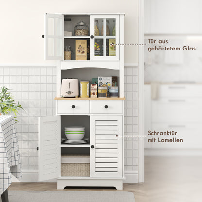 HOMCOM Küchenschrank mit Glastüren, 2 Schubladen, Geschirrschrank, Esszimmerschrank, Holz, 68 x 39,5 x 170 cm, Weiß