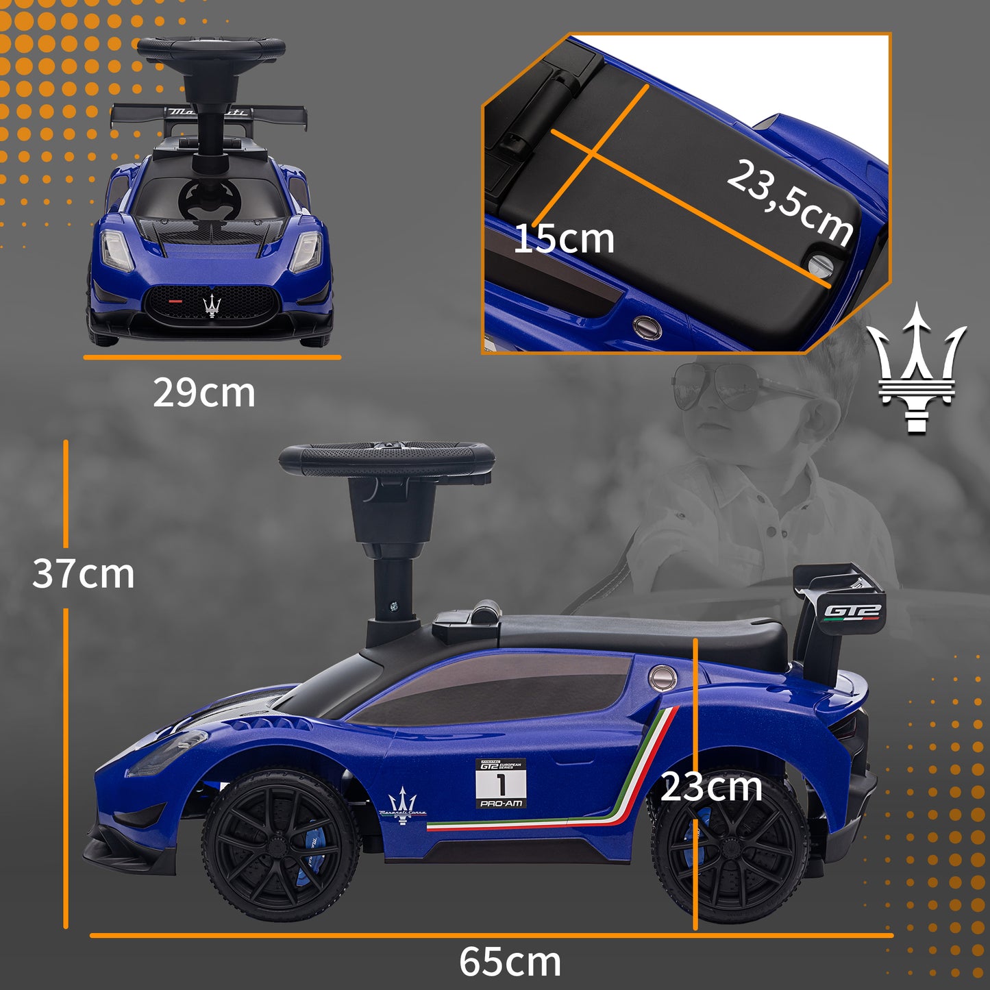 AIYAPLAY Rutschauto, Lizenzfahrzeug, interaktive Hupen- und Musikknöpfe, Kunststoff und Stahl, Blau, 65 x 29 x 37 cm