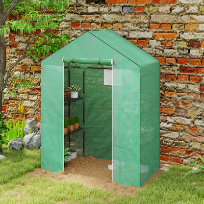 Outsunny Gewächshaus mit Regalen, Mini-Treibhaus, UV-beständig, Netzfenster, Reißverschlusstür, 143L x 74B x 190H cm, Grün