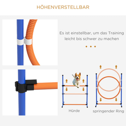 PawHut Hunde-Agiliy-Set Hundeparcours, 1 Reifen, 1 Hürde, 1 Slalom-Set, 352 cm x 66 cm x 69 cm, Blau + Rot