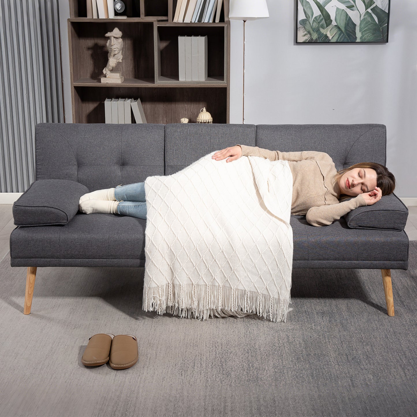 HOMCOM Schlafsofa im Skandi-Design, 3-Sitzer-Sofa, 2 Kissen, Grau + Natur
