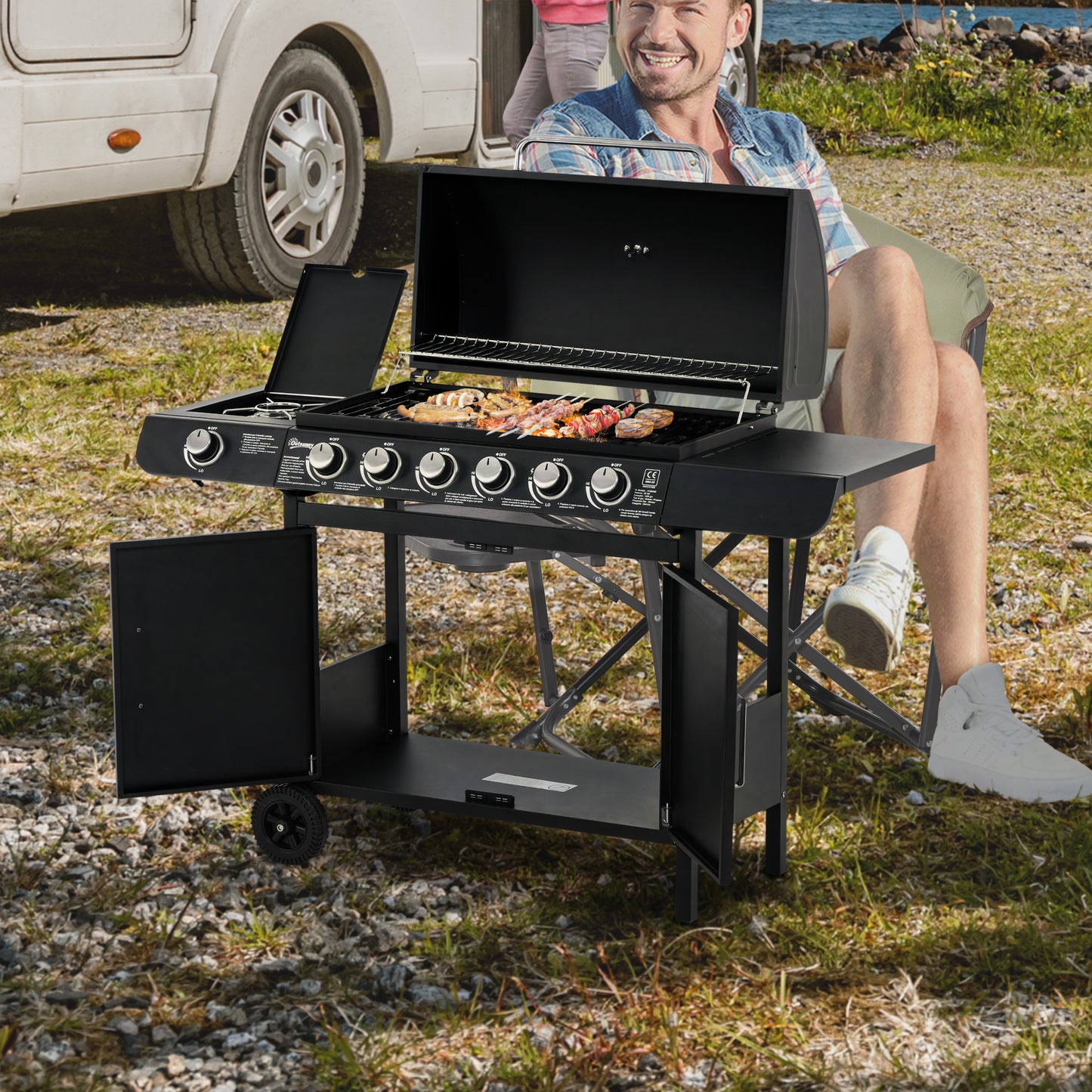 Outsunny Gasgrill mit 7 Brennern, inkl. Thermometer, BBQ -Grill, mobiler Grill, Schwarz