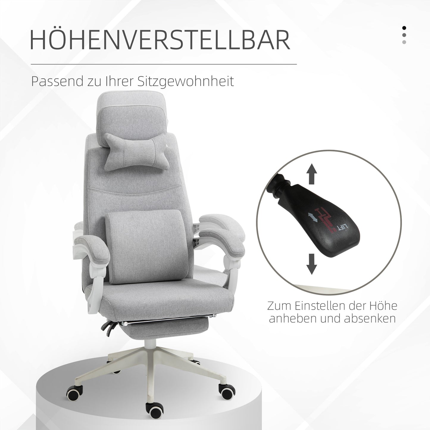 Vinsetto Bürostuhl, Ergonomischer Schreibtischstuhl mit Kopfkissen, Lendenkissen, höhenverstellbar Gamingstuhl mit Fußstütze, hoher Rückenlehne, Grau 62 x 68 x 117-127 cm
