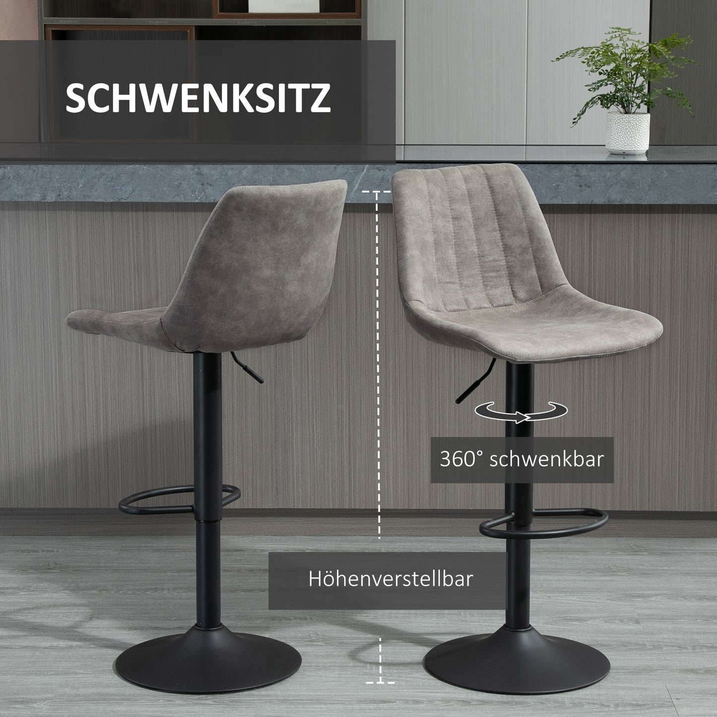 HOMCOM 2er-Set Barhocker im Retrodesign, inkl. Fußstütze, höhenverstellbar, Gaslift, Grau + Schwarz