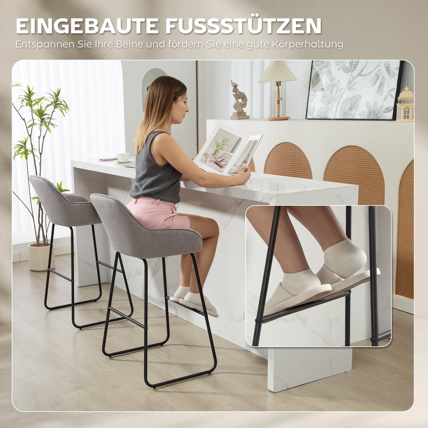 HOMCOM 2er-Set Barstühle، Barhocker mit Stoffbezug und Schaumstoffpolsterung، Polsterhocker mit Metallbeinen، Grau