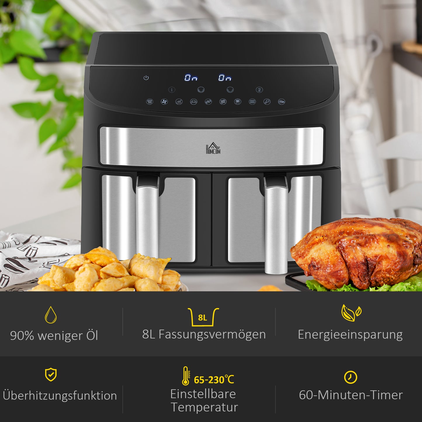 HOMCOM Heißluftfritteuse Multifunktionale Heißluftfritteuse, 8 L Fassungsvermögen, 2 Körbe, 60 min Time, Silber + Schwarz