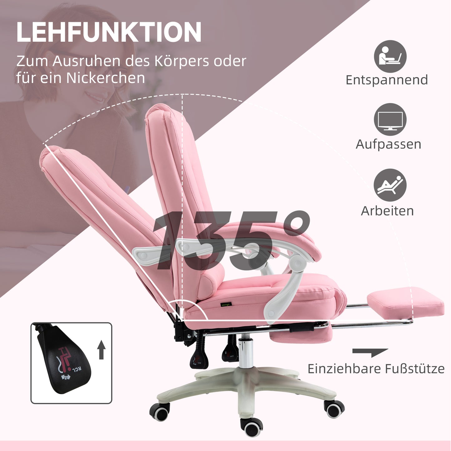 Vinsetto Bürostuhl mit Fußstütze, verstellbare Rückenlehne, höhenverstellbar, 5 Rollen, Rosa + Weiß