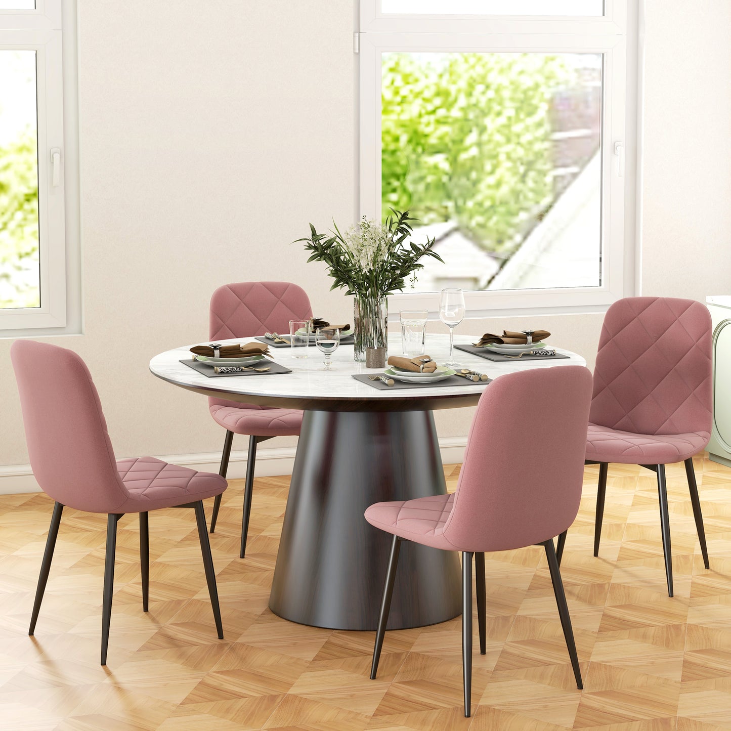 HOMCOM Esszimmerstühle 4er Set Küchenstuhl mit Rückenlehne, Samtoptik, Sessel 45 x 54 x 87 cm Rosa