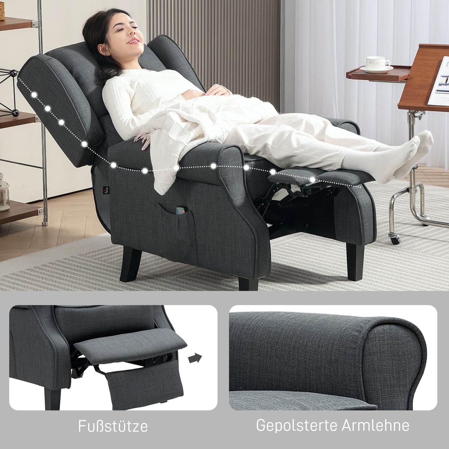 HOMCOM Massagesessel mit Heizfunktion, 2 Massagebereiche, Liegefunktion, bis 150 kg, Dunkelgrau