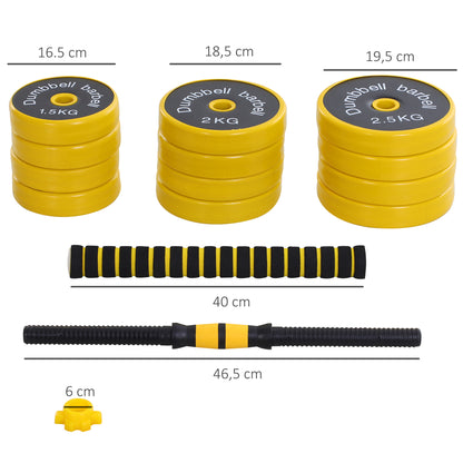 HOMCOM 25 kg Hantel & Langhantel,Einstellbare ergonomische 3-in-1 Hantelset,12 × Platten,2 × Kurze Stöcke,1 × Langer Stock,Gelb+Schwarz