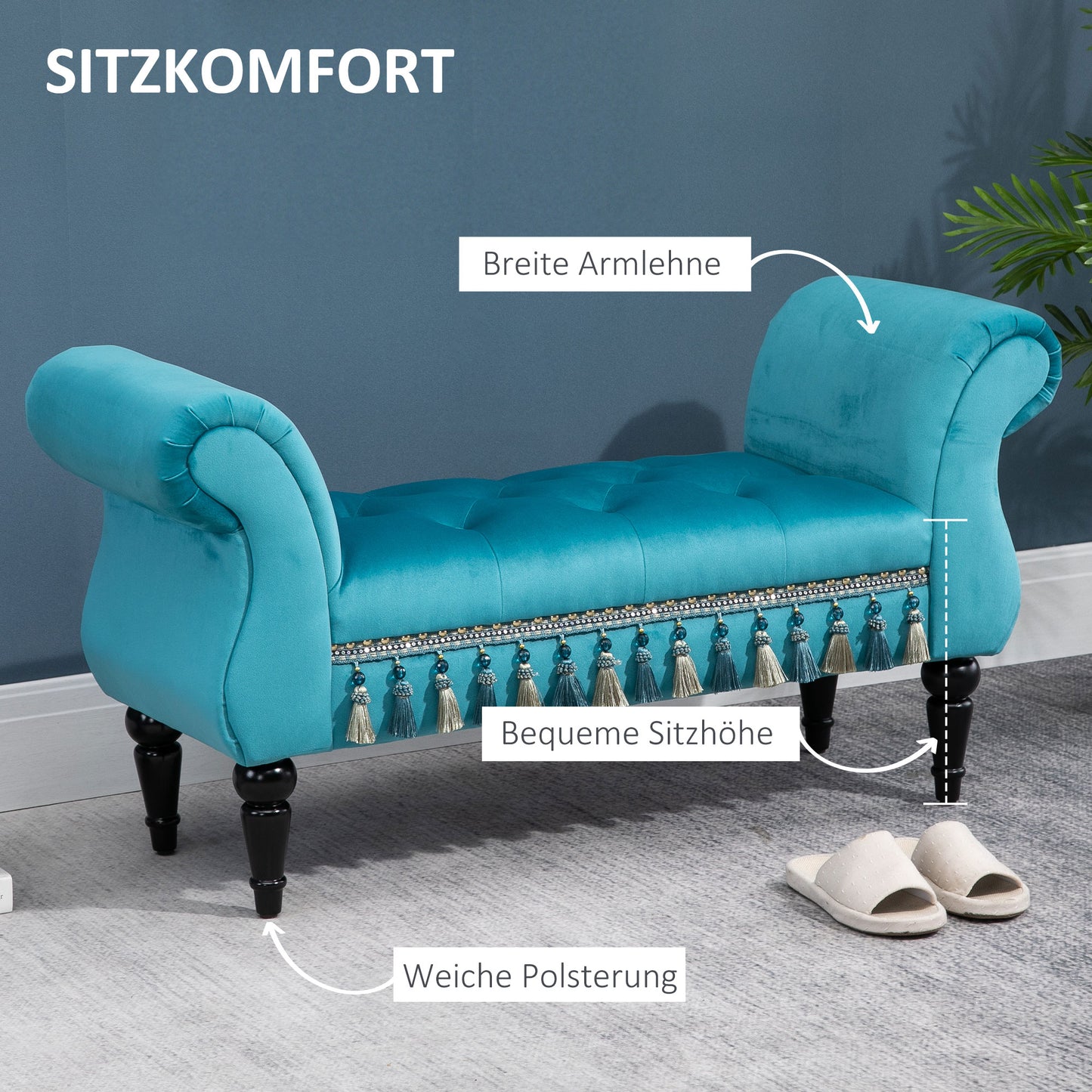 HOMCOM Sitzbank Polsterbank mit Samt-Bezug, Armlehne Bettbank mit Holzrahmen, Schuhbank für Schlafzimmer, Wohnzimmer, Flur 117 x 40 x 58 cm Blau