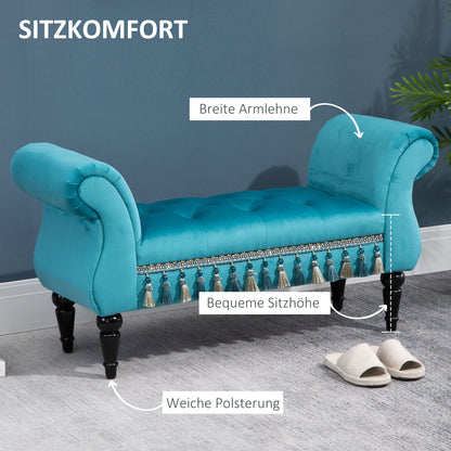 HOMCOM Sitzbank Polsterbank mit Samt-Bezug, Armlehne Bettbank mit Holzrahmen, Schuhbank für Schlafzimmer, Wohnzimmer, Flur 117 x 40 x 58 cm Blau