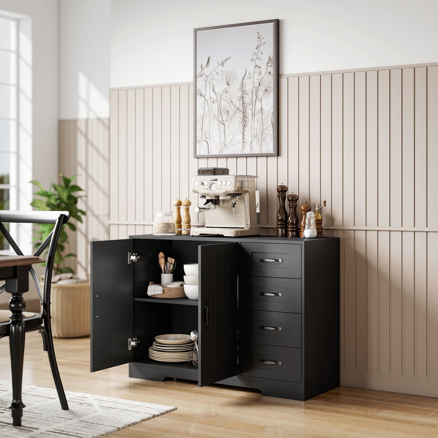 HOMCOM Sideboard, Kommode, moderner Stil, 4 Schubladen, 1 Schrank, 105 x 40 x 76 cm, Schwarz