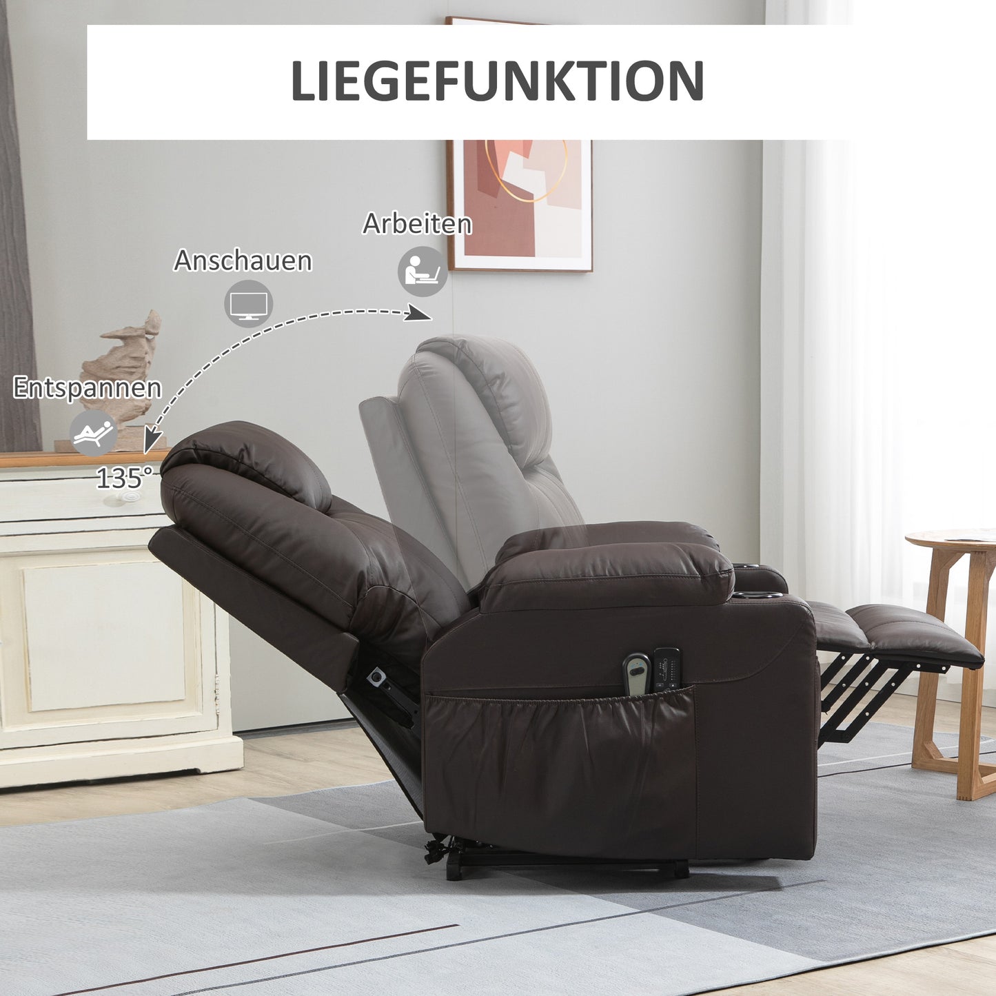 HOMCOM Massagesessel mit Aufstehhilfe, Liegefunktion, Kunstleder, bis 150 kg, 88 x 99 x 106 cm, Braun