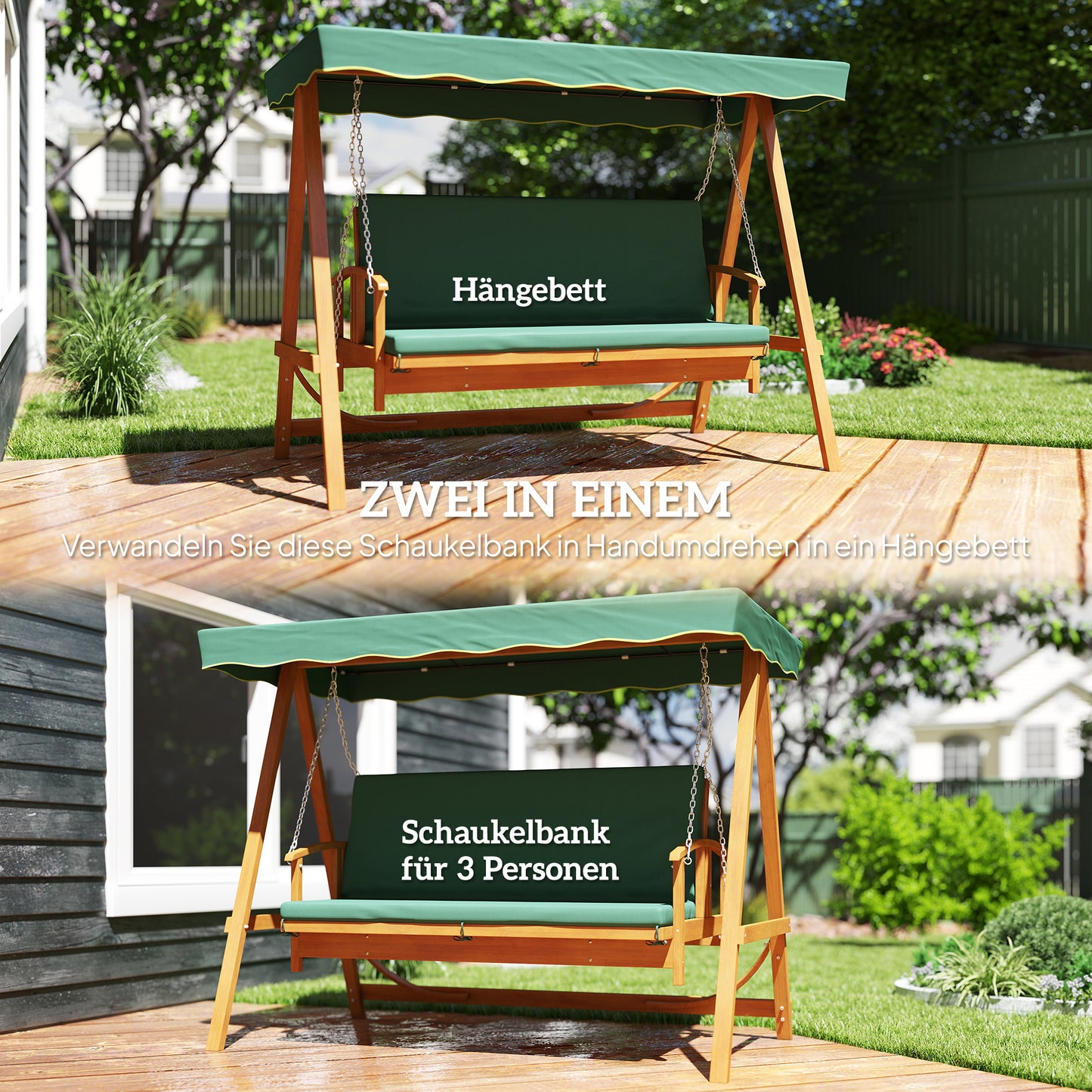 Outsunny Hollywoodschaukel mit Sonnendach, Echtholz-Gartenschaukel, Schaukelbank mit Liege-Funktion, für 3 Personen, Dunkelgrün