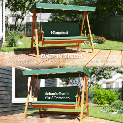 Outsunny Hollywoodschaukel mit Sonnendach, Echtholz-Gartenschaukel, Schaukelbank mit Liege-Funktion, für 3 Personen, Dunkelgrün